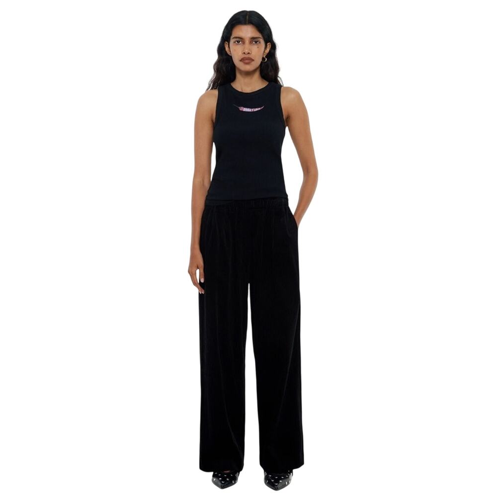 Bimba Y Lola Ribbed Black Velveteen Straight Leg Pull On Trouser Pants Size 36